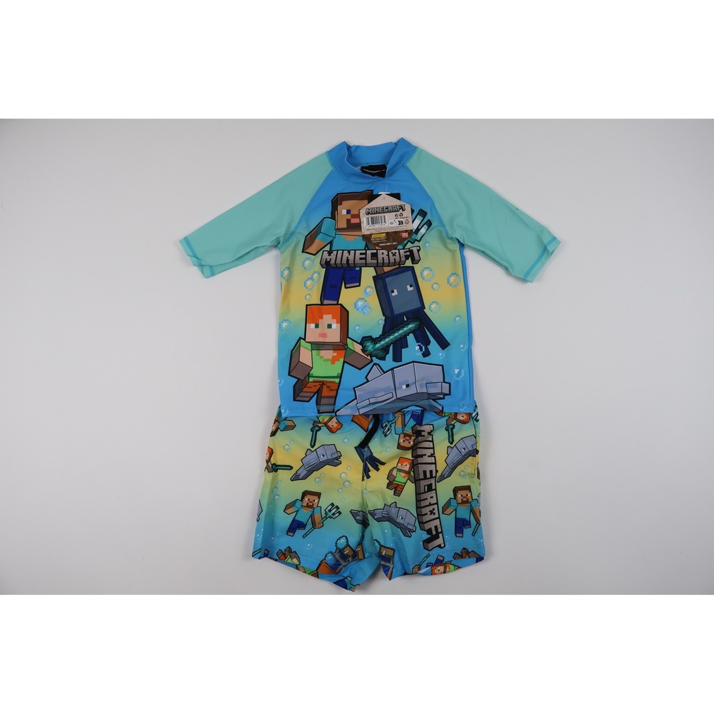 Minecraft Swimsuit Rash Guard Trunks Set Blue Character Print Size 7/8 NWT
